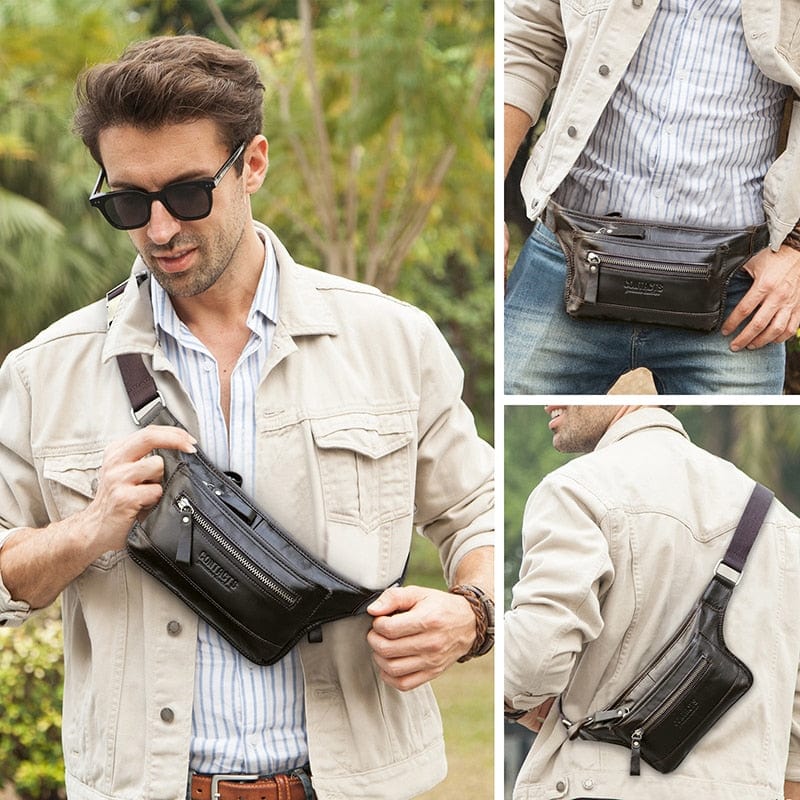Sac banane homme en cuir café, 340 g