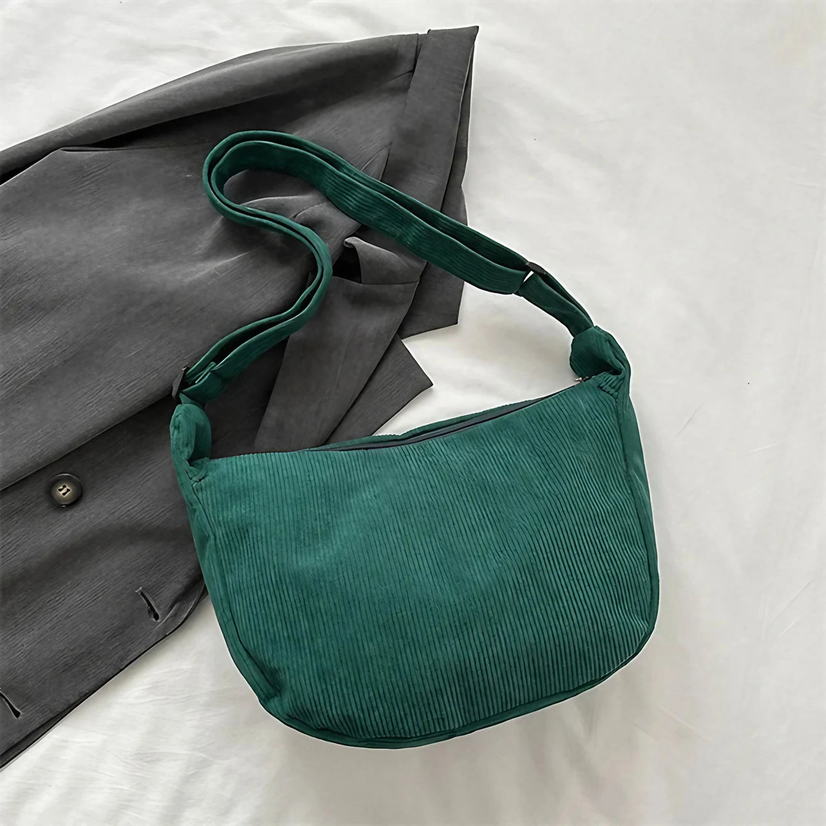 Sac banane femme en velours, anse réglable, huit coloris, vert foncé