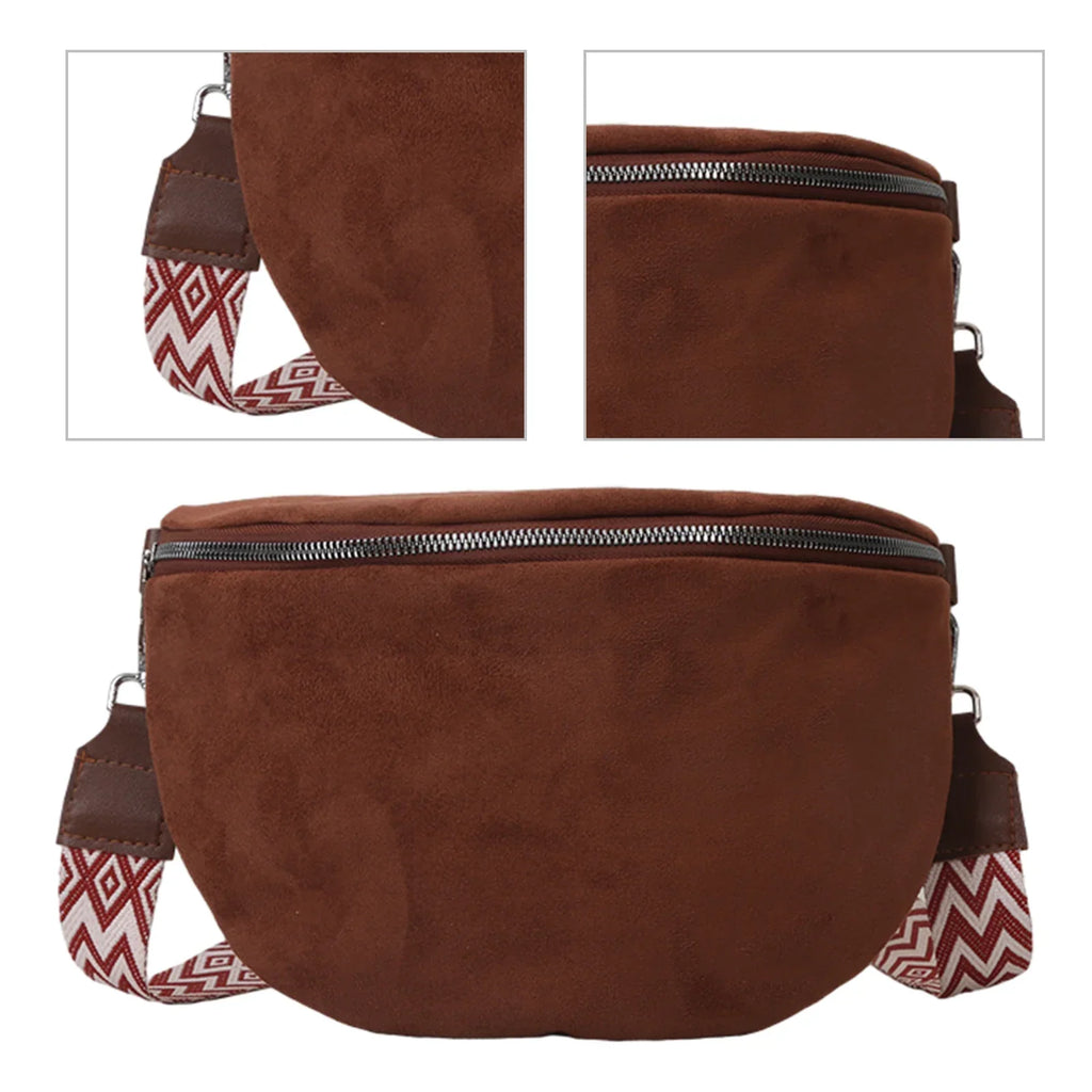 Sac banane femme aspect daim, bandoulière à motifs amovible