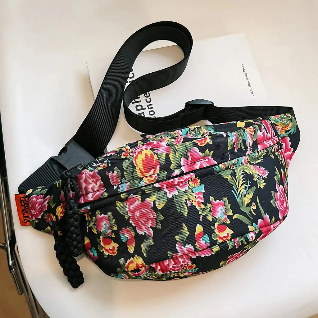 Sac banane femme à motif fleuri en nylon, quatre coloris, noir