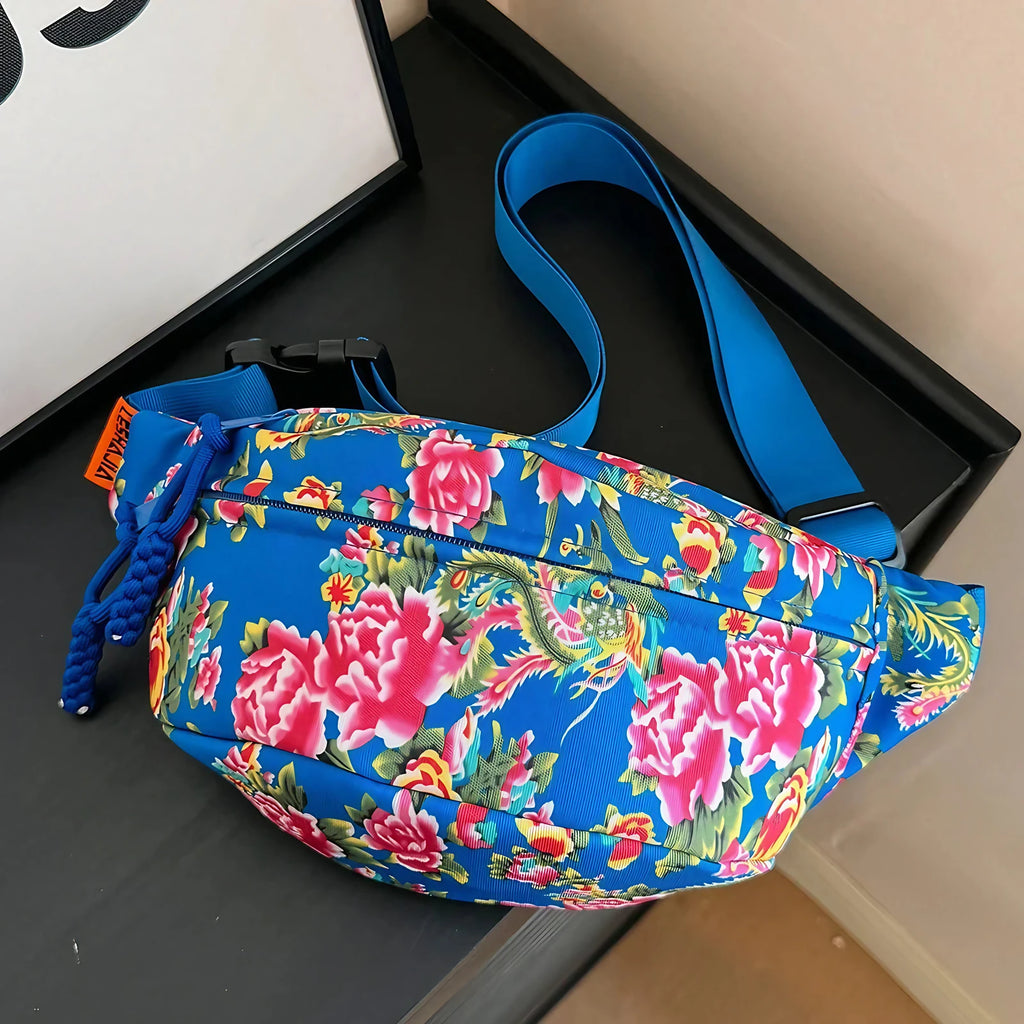 Sac banane femme à motif fleuri en nylon, quatre coloris, bleu