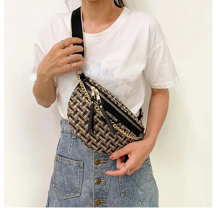 Sac banane femme en tissu et similicuir, 24 x 16 x 7 cm
