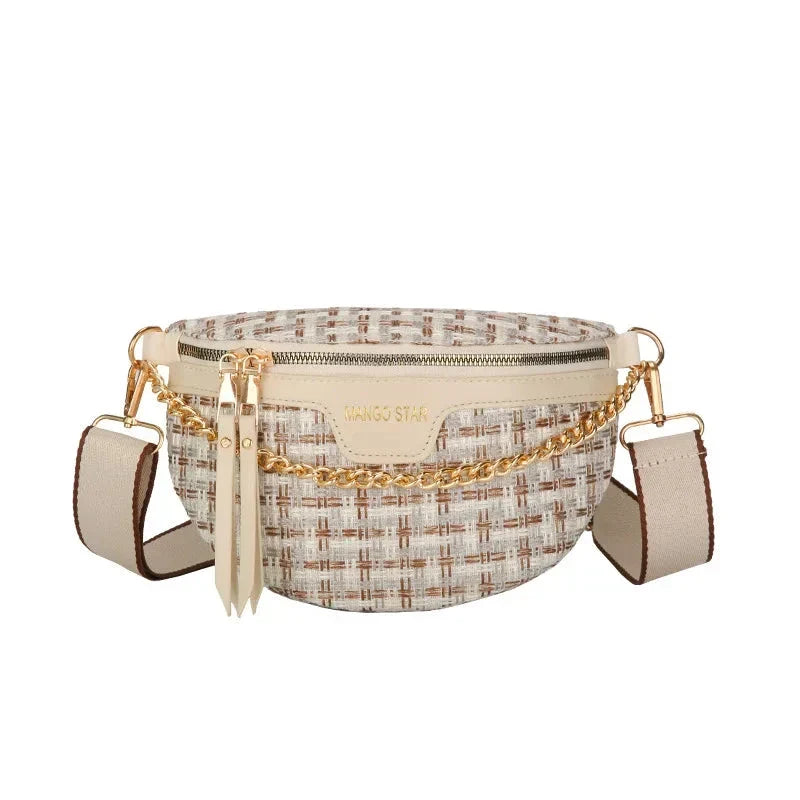 Sac banane femme en tissu et similicuir, 24 x 16 x 7 cm, blanc
