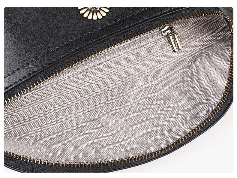 Sac banane femme noir à fleur argentée, en cuir