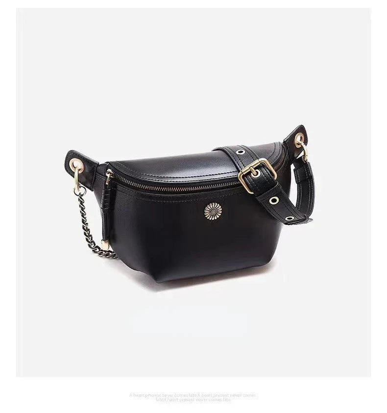 Sac banane femme noir à fleur argentée, en cuir