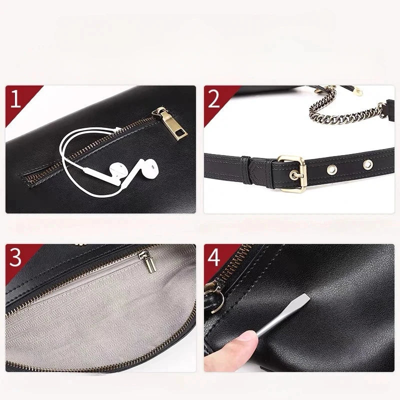Sac banane femme noir à fleur argentée, en cuir