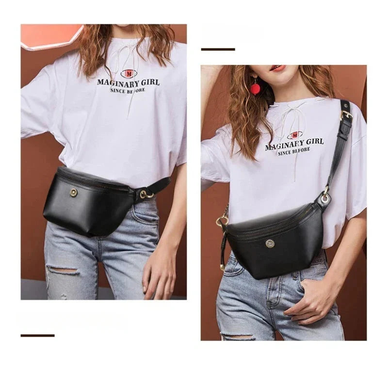 Sac banane femme noir à fleur argentée, en cuir