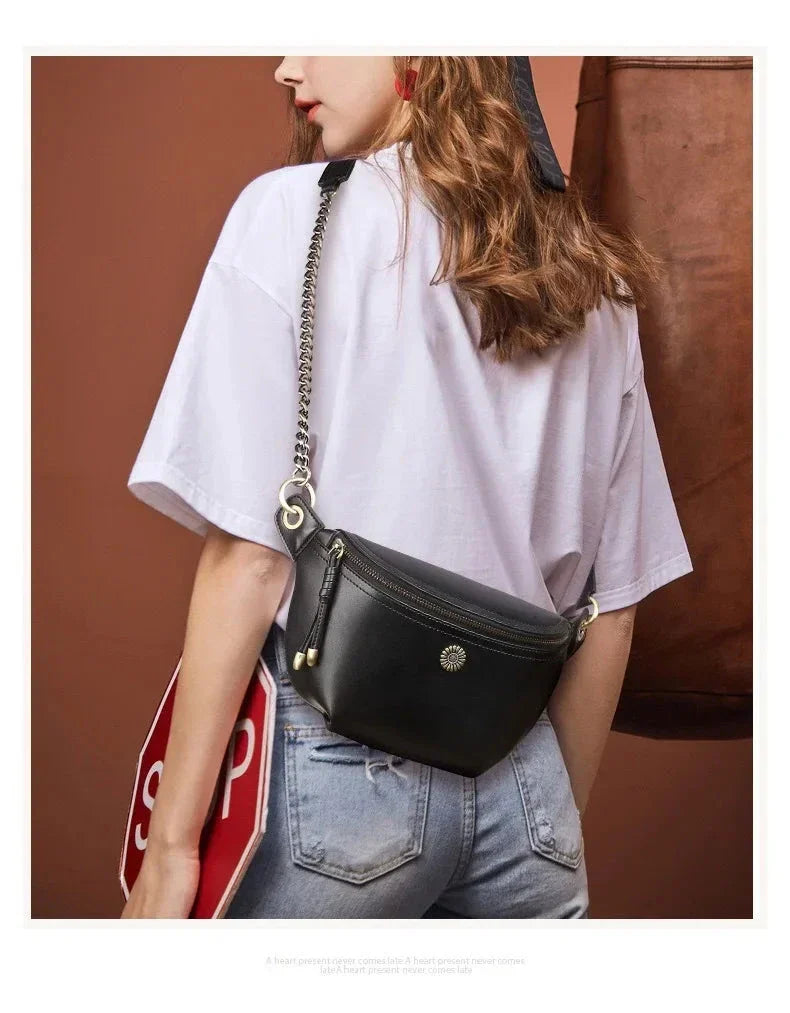 Sac banane femme noir à fleur argentée, en cuir