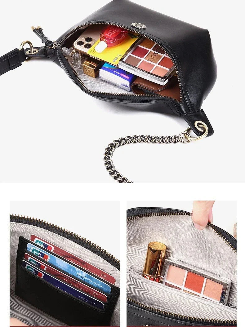 Sac banane femme noir à fleur argentée, en cuir