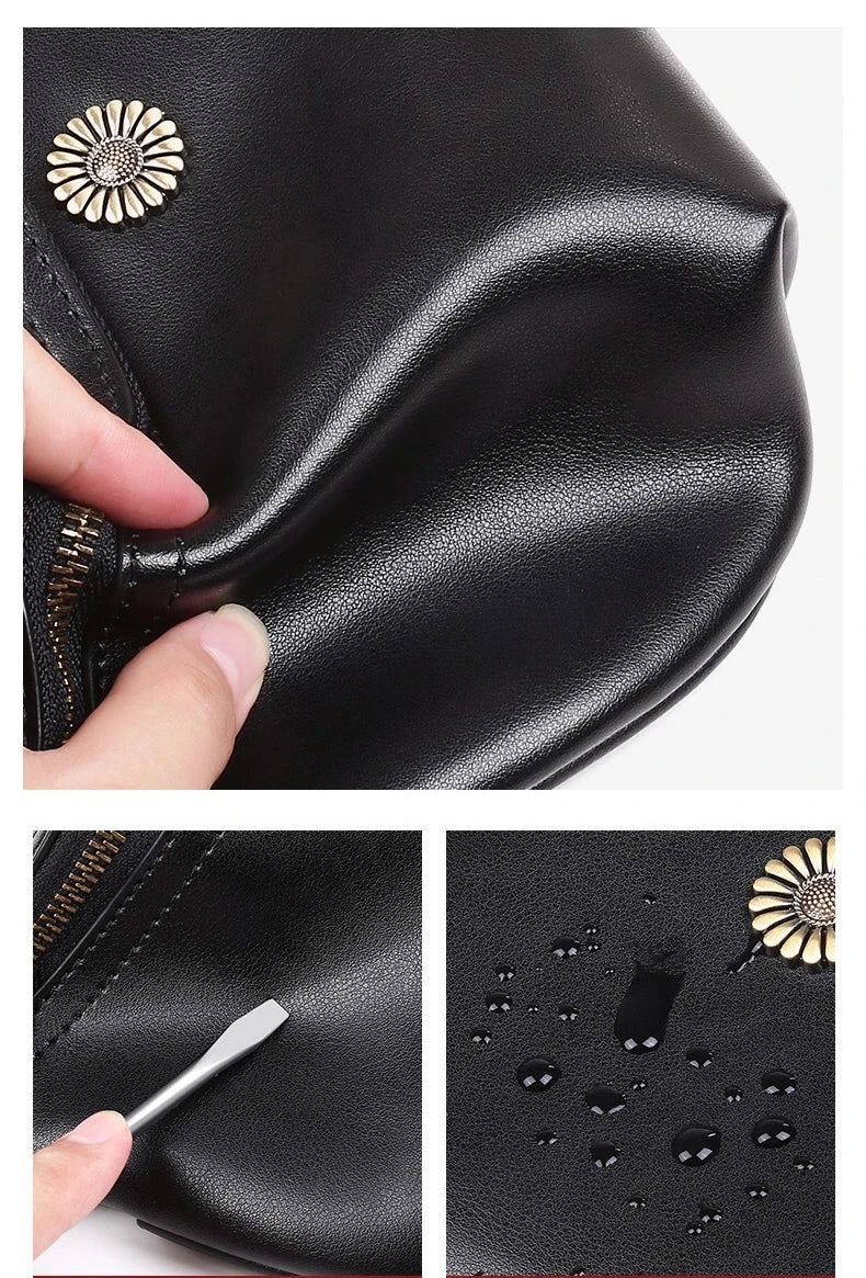 Sac banane femme noir à fleur argentée, en cuir