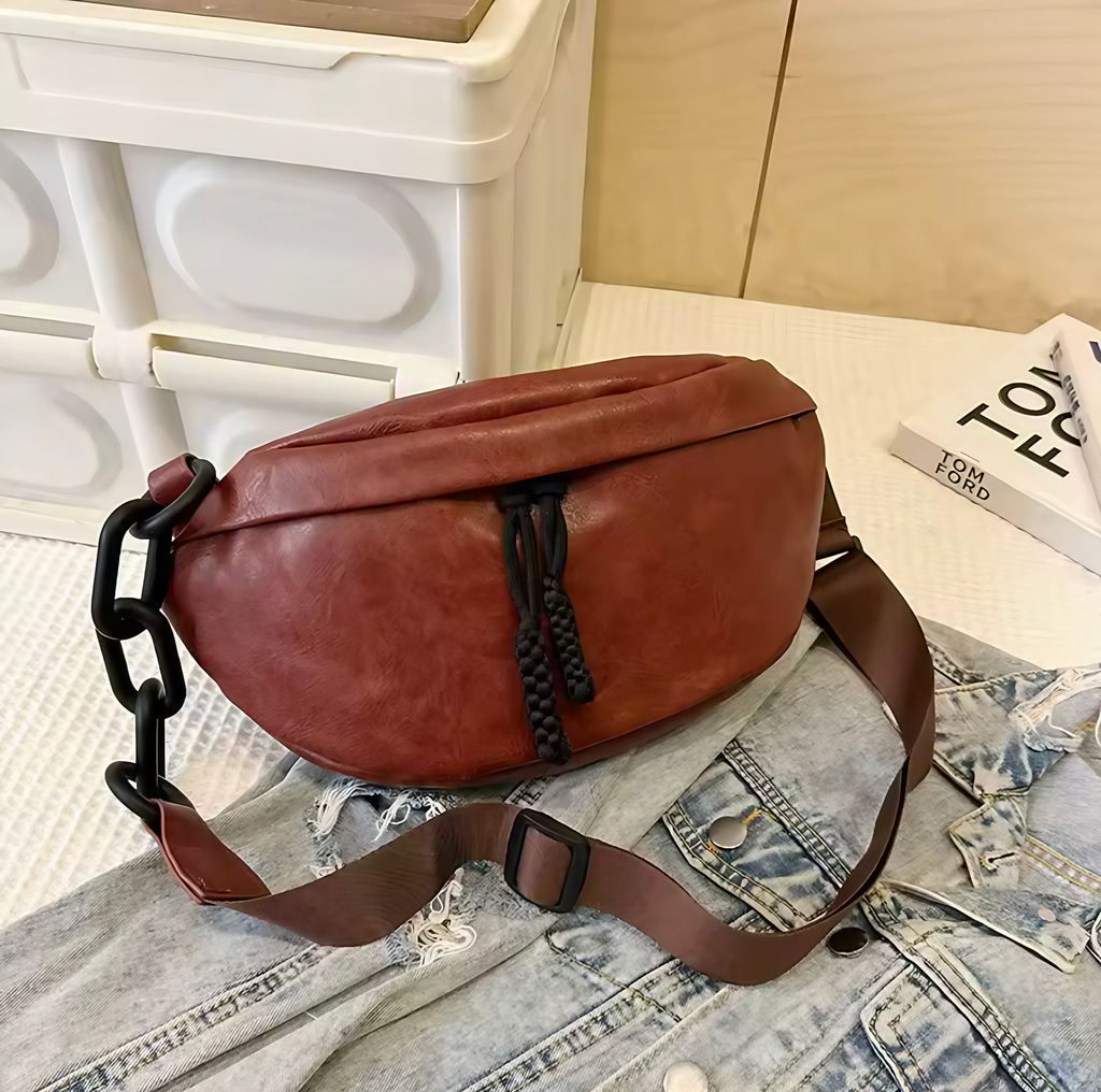 Sac banane femme en similicuir, sangle réglable de 120 cm, café