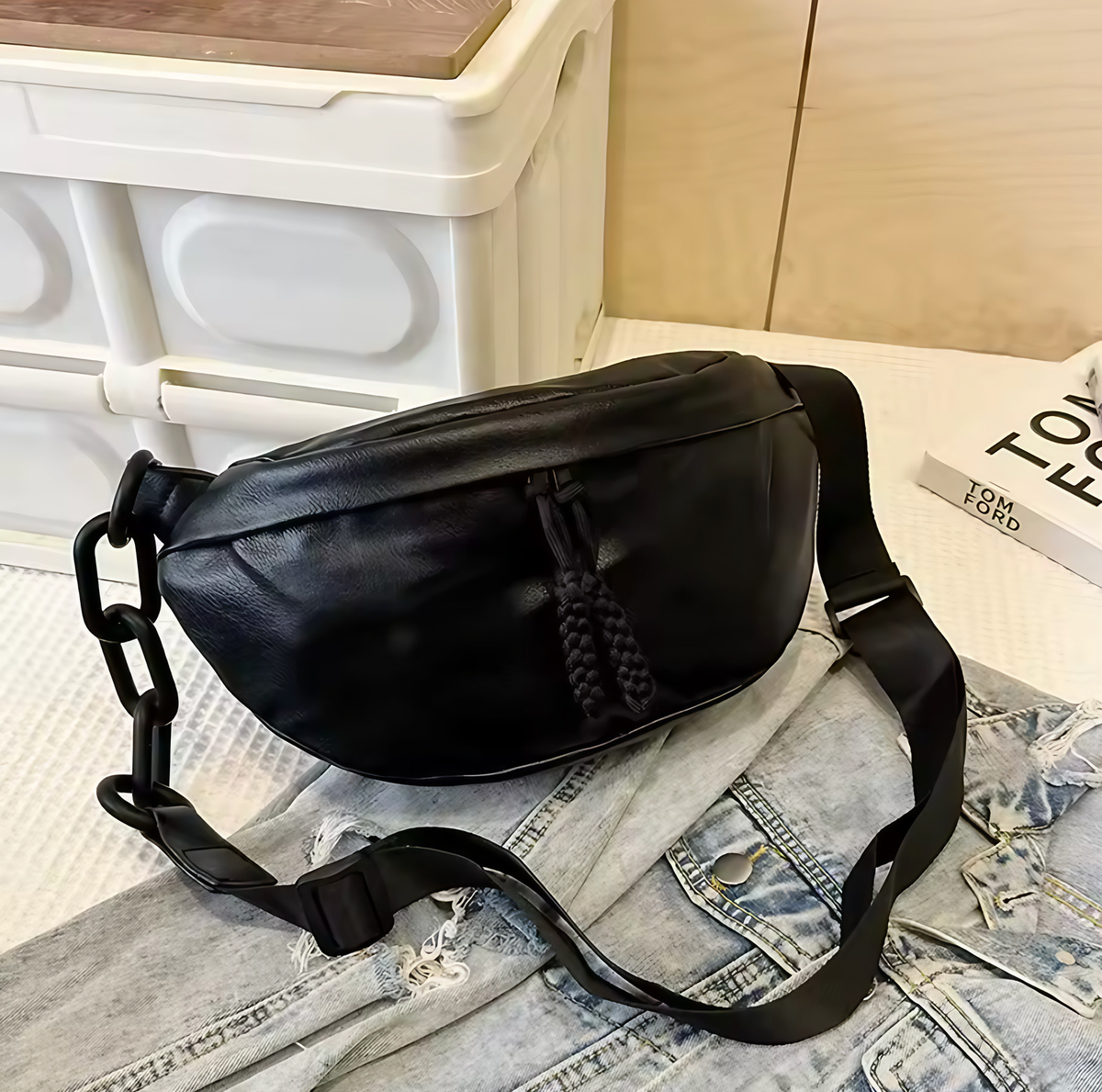Sac banane femme en similicuir, sangle réglable de 120 cm, noir