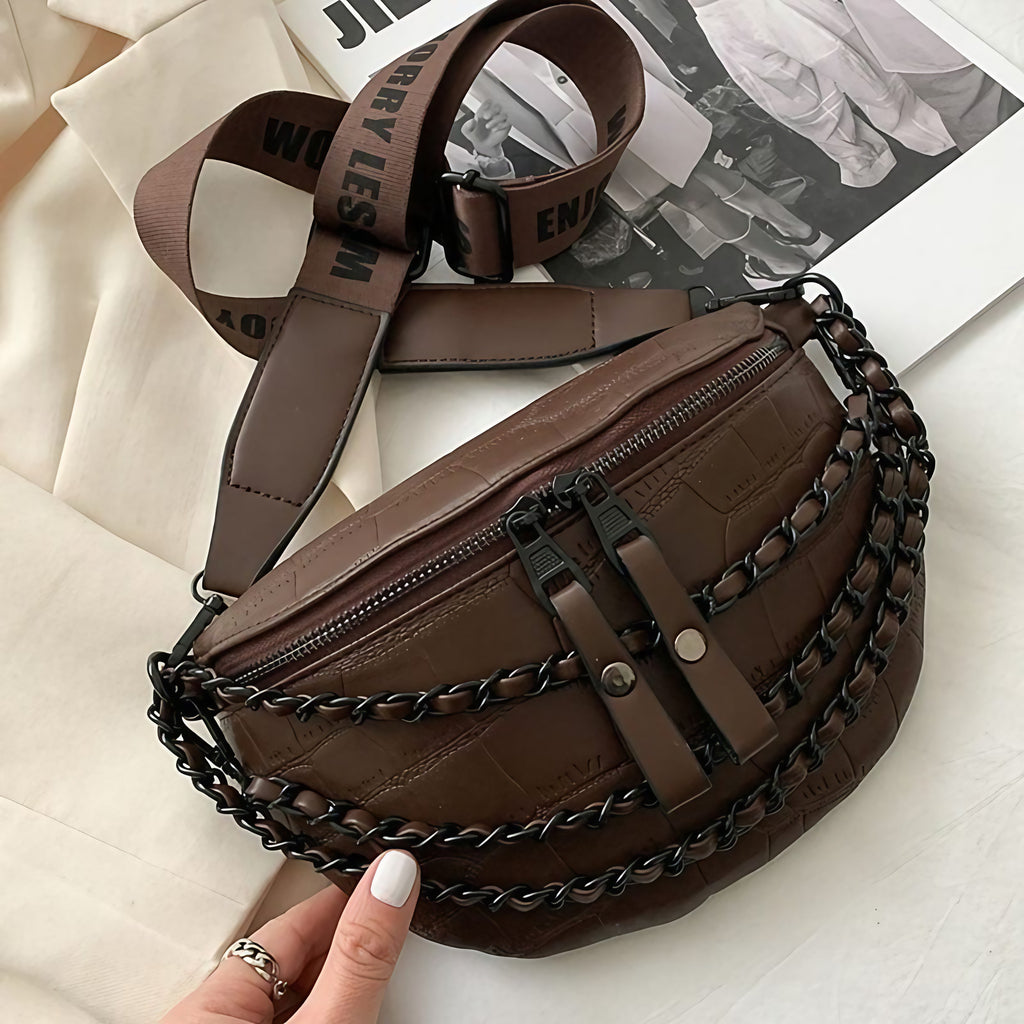 Sac banane femme en similicuir, 23 x 17 cm, sangle 110 cm, marron