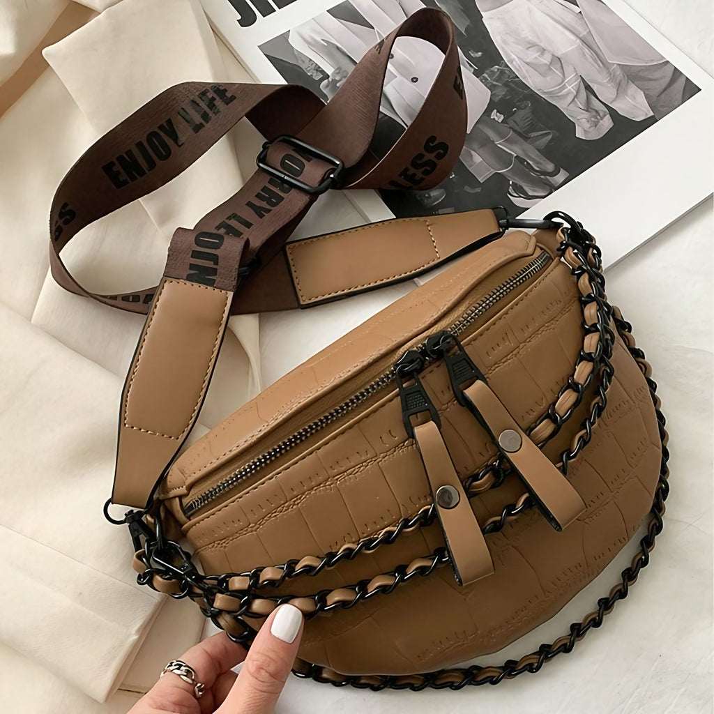 Sac banane femme en similicuir, 23 x 17 cm, sangle 110 cm, kaki
