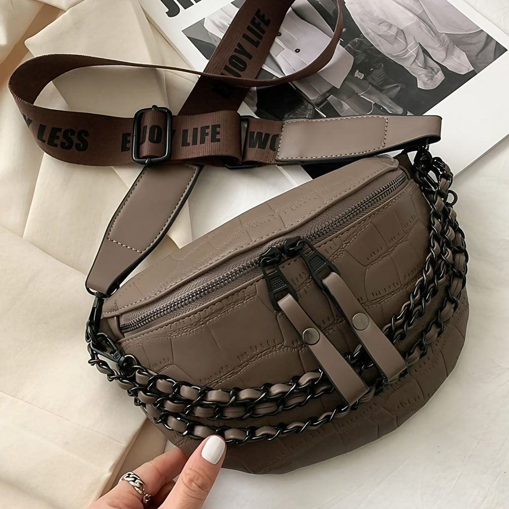 Sac banane femme en similicuir, 23 x 17 cm, sangle 110 cm, gris