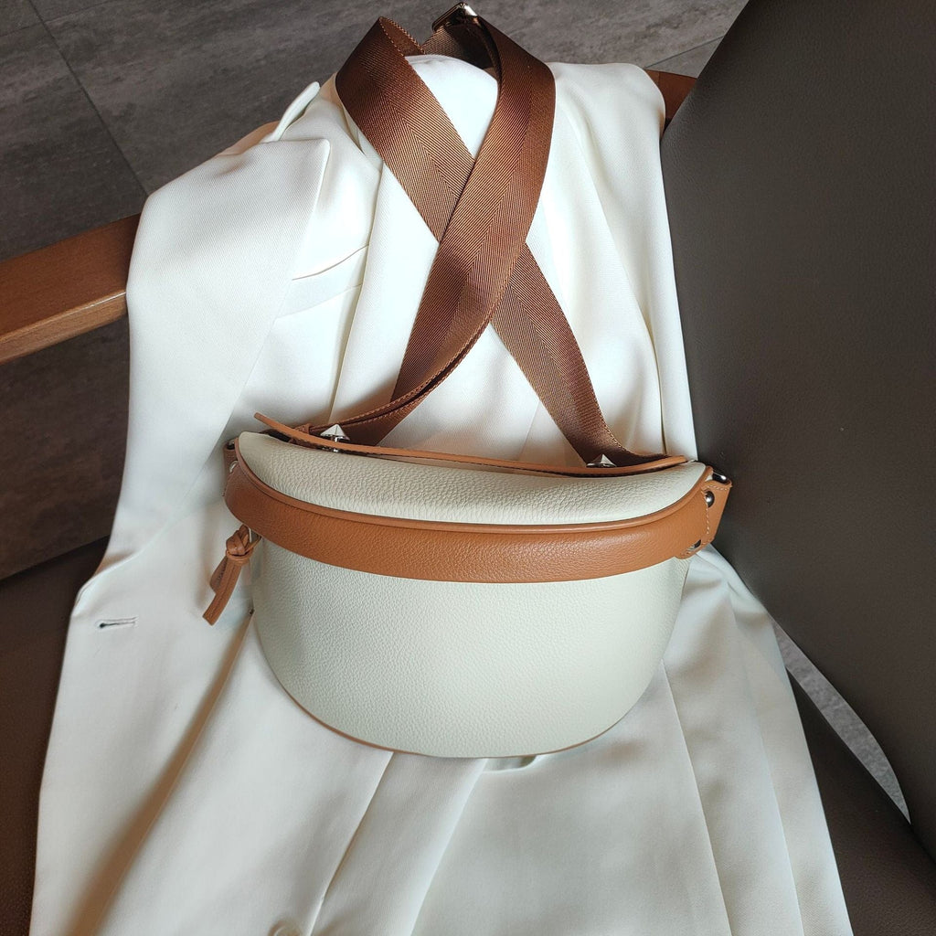 Sac banane femme en cuir à plusieurs poches, trois coloris, blanc et marron