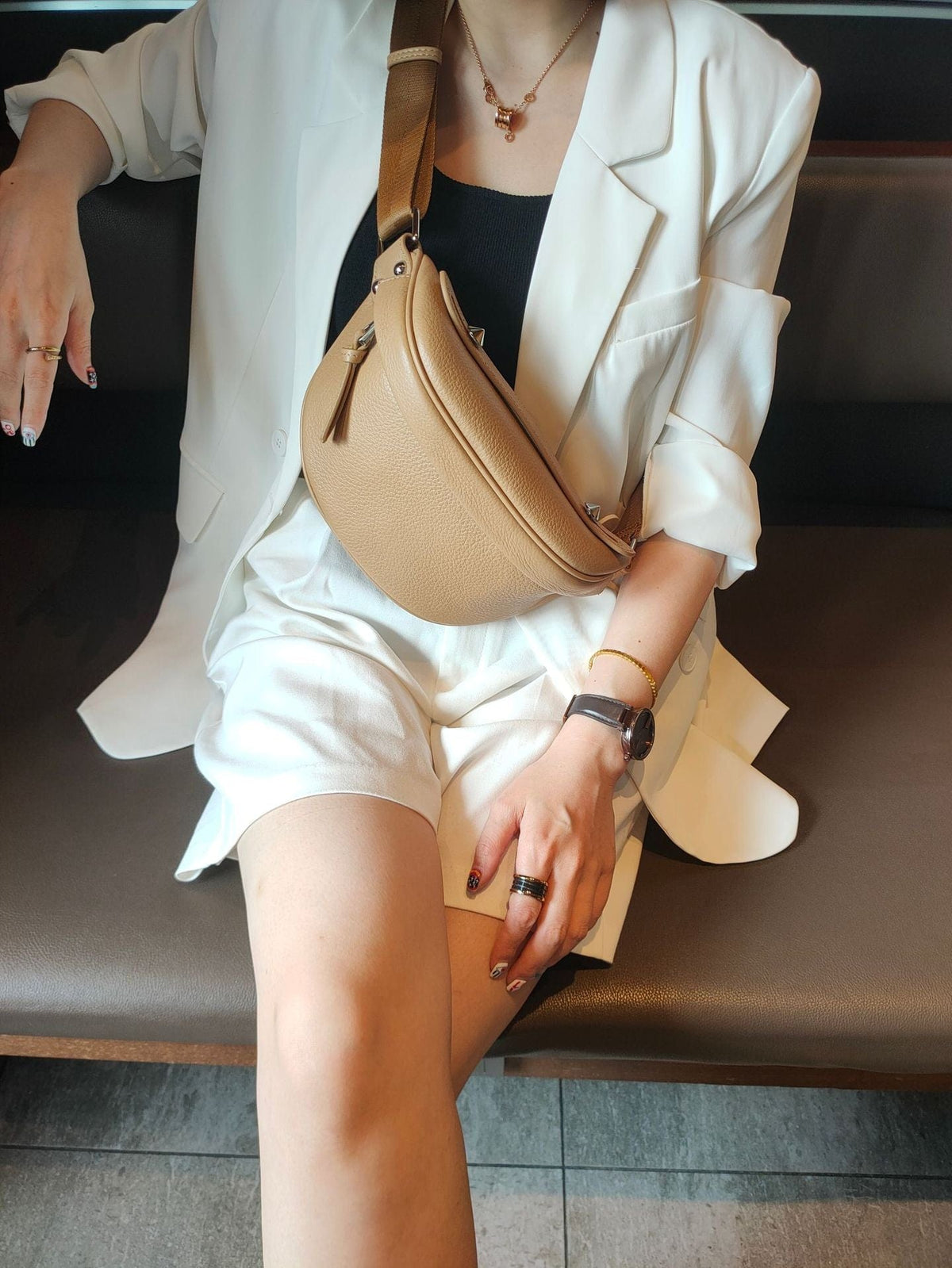 Sac banane femme en cuir à plusieurs poches, trois coloris
