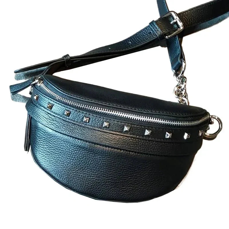 Sac banane femme en cuir fendu, fermeture zippée dorée
