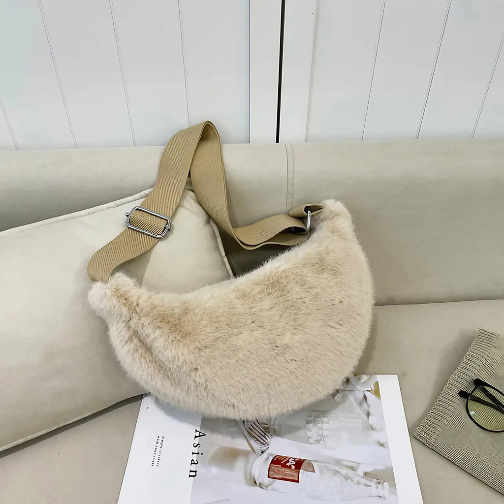 Sac banane femme en fausse fourrure, 25 x 13 cm, sept coloris, beige