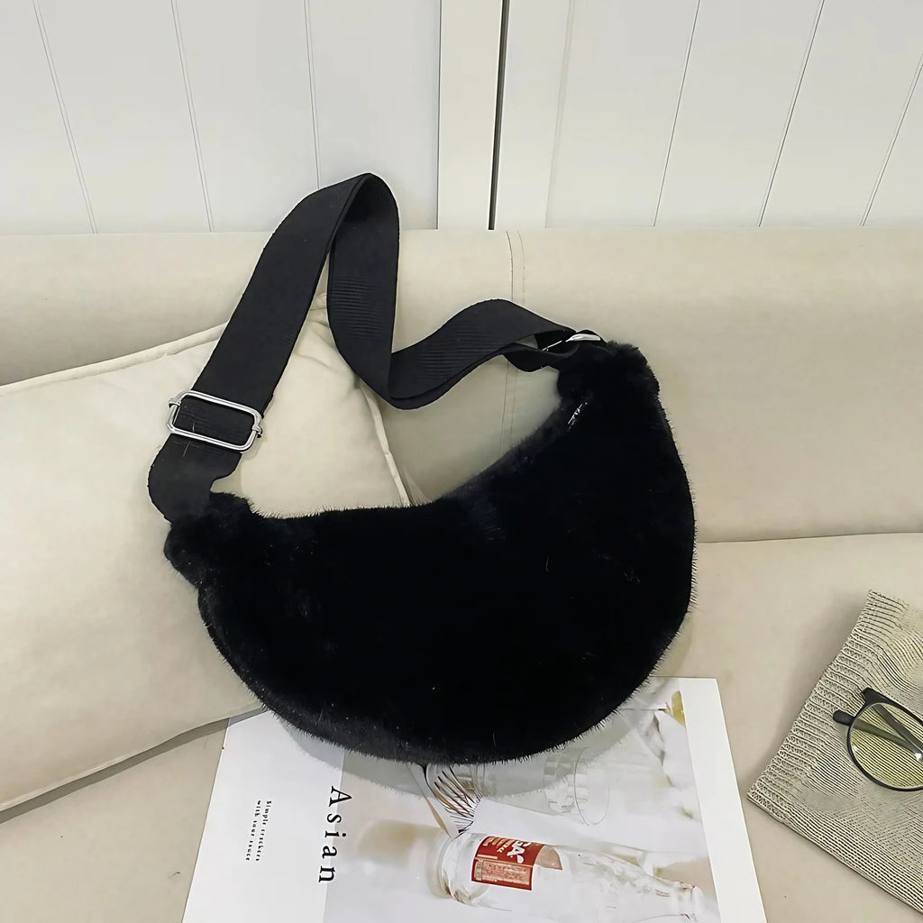 Sac banane femme en fausse fourrure, 25 x 13 cm, sept coloris, noir