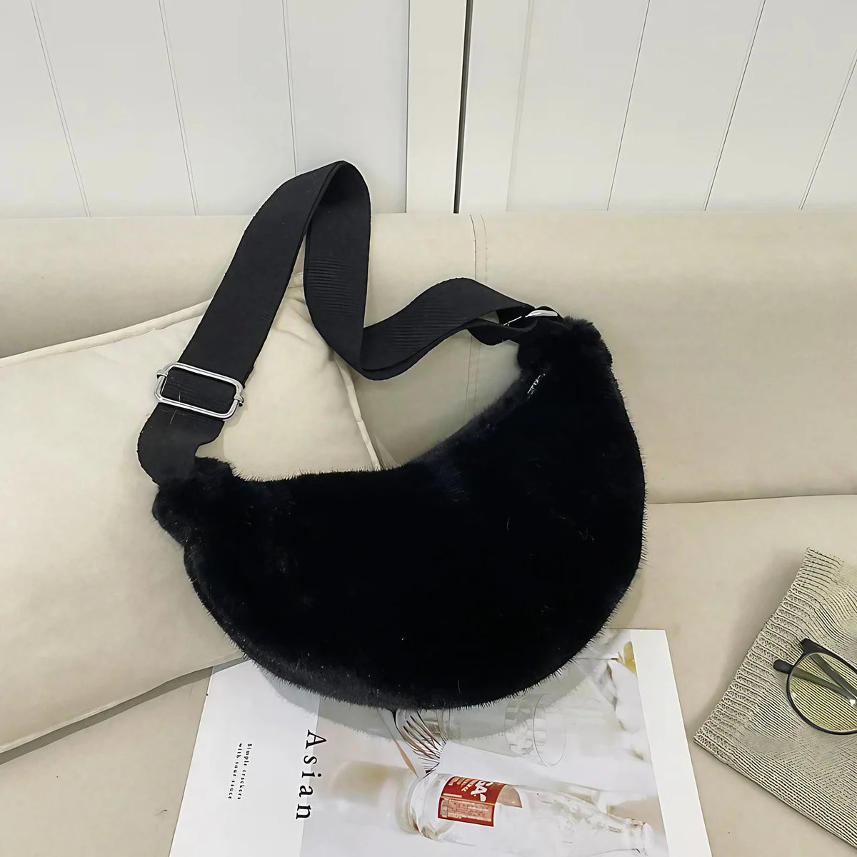 Sac banane femme en fausse fourrure, 25 x 13 cm, sept coloris, noir
