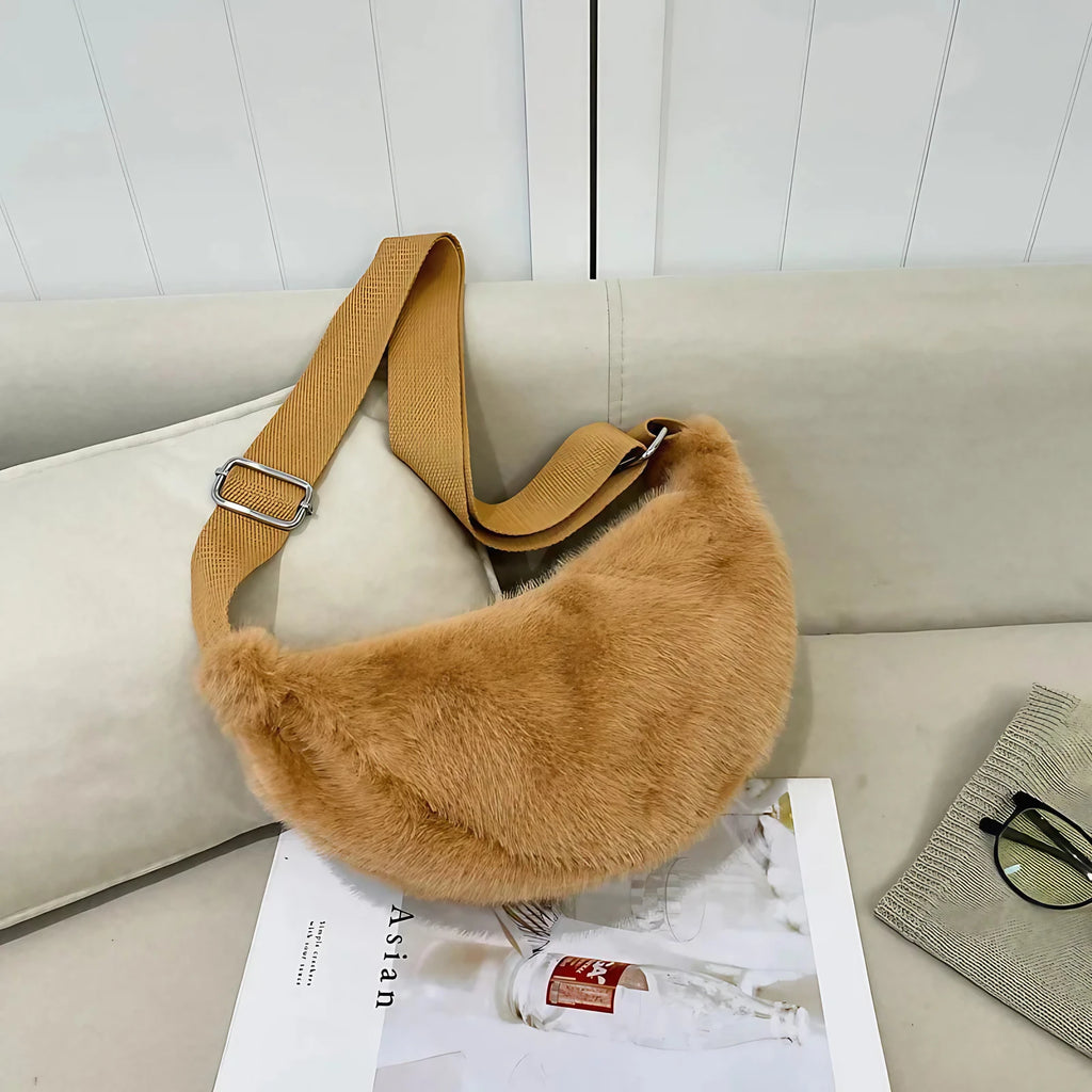 Sac banane femme en fausse fourrure, 25 x 13 cm, sept coloris, fauve