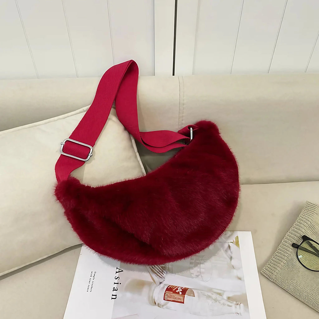 Sac banane femme en fausse fourrure, 25 x 13 cm, sept coloris, rouge