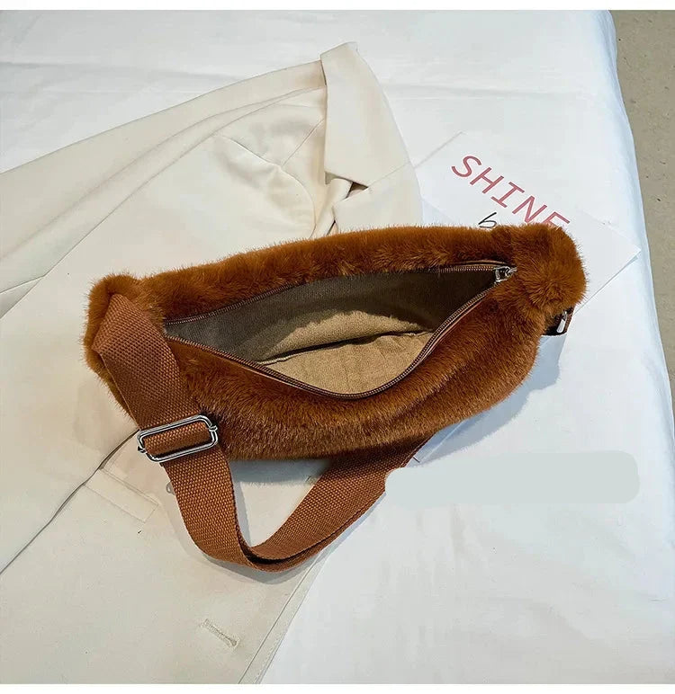 Sac banane femme en fausse fourrure, 25 x 13 cm, sept coloris