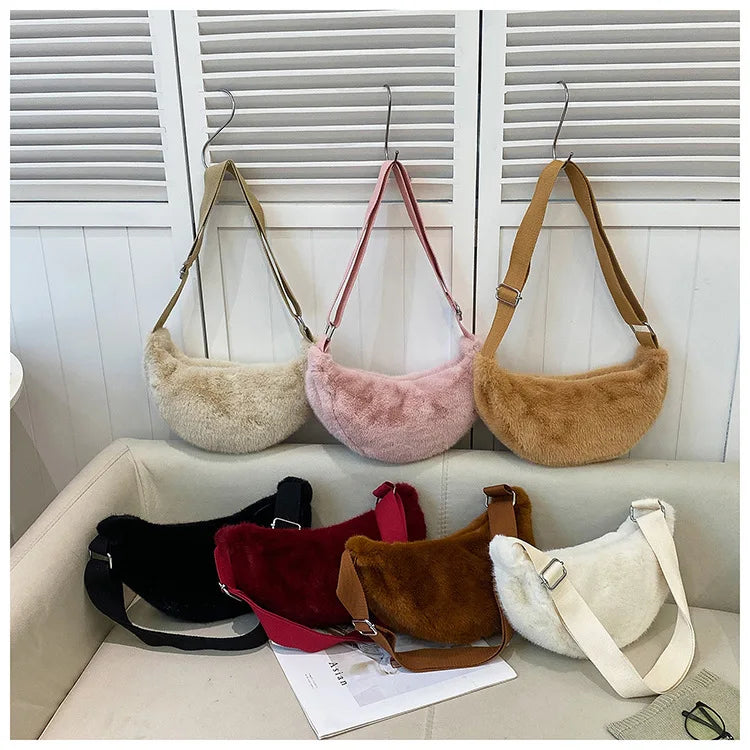 Sac banane femme en fausse fourrure, 25 x 13 cm, sept coloris