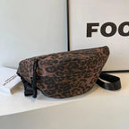 Sac banane femme imprimé léopard en toile, deux poches zippées, marron foncé