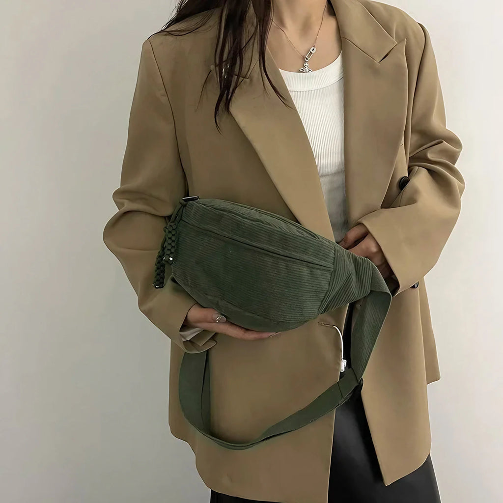 Sac banane femme en velours côtelé, trois poches zippées