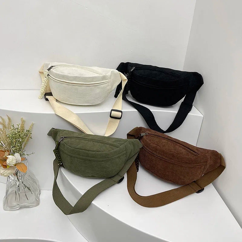 Sac banane femme en velours côtelé, trois poches zippées