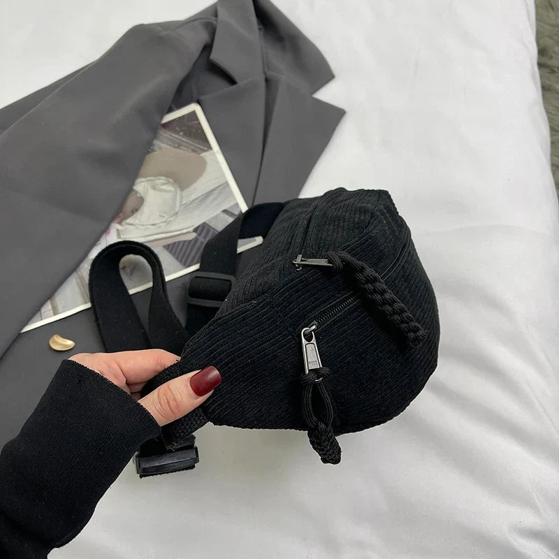 Sac banane femme en velours côtelé, trois poches zippées