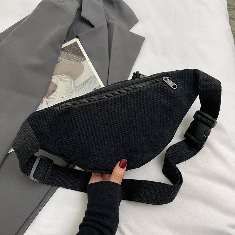 Sac banane femme en velours côtelé, trois poches zippées