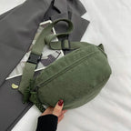 Sac banane femme en velours côtelé, trois poches zippées, vert