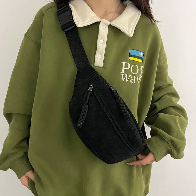 Sac banane femme en velours côtelé, trois poches zippées