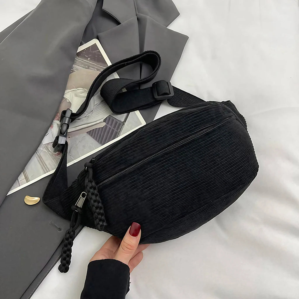 Sac banane femme en velours côtelé, trois poches zippées, noir