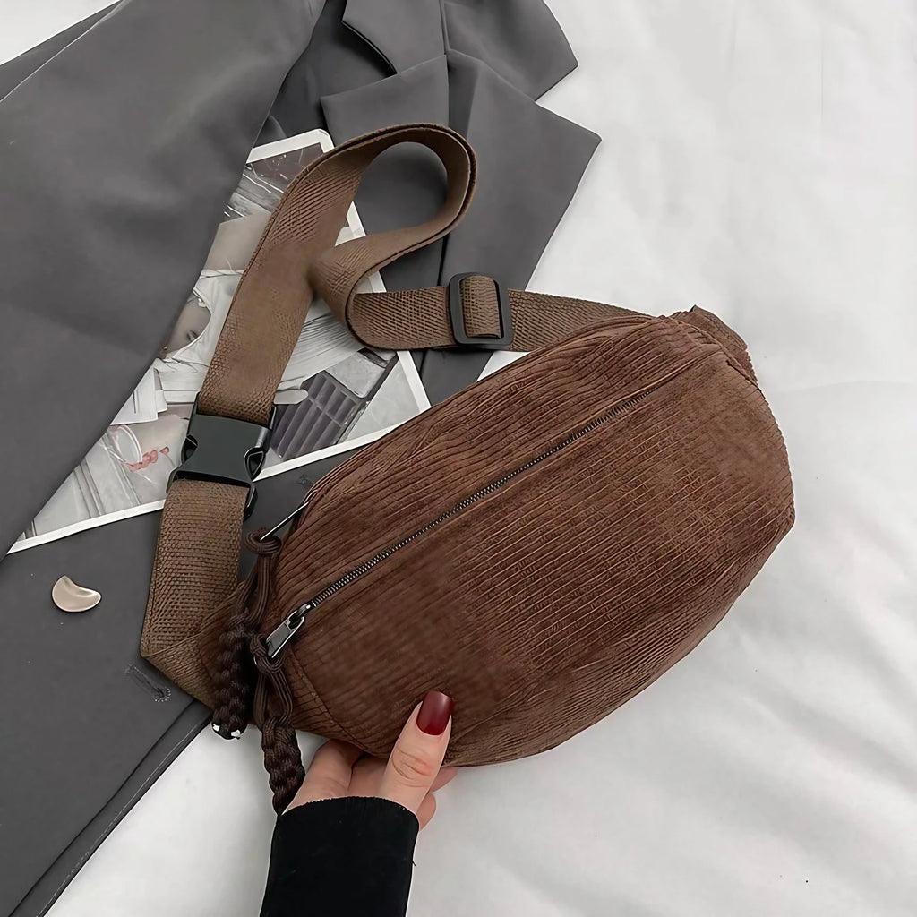 Sac banane femme en velours côtelé, trois poches zippées, marron