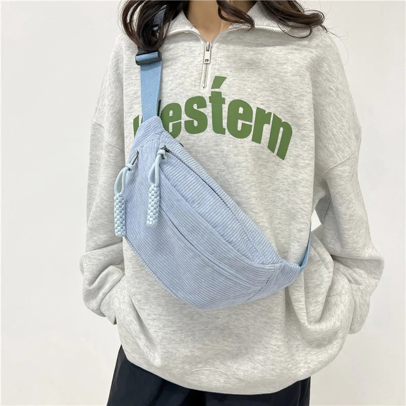 Sac banane femme en velours côtelé, trois poches zippées