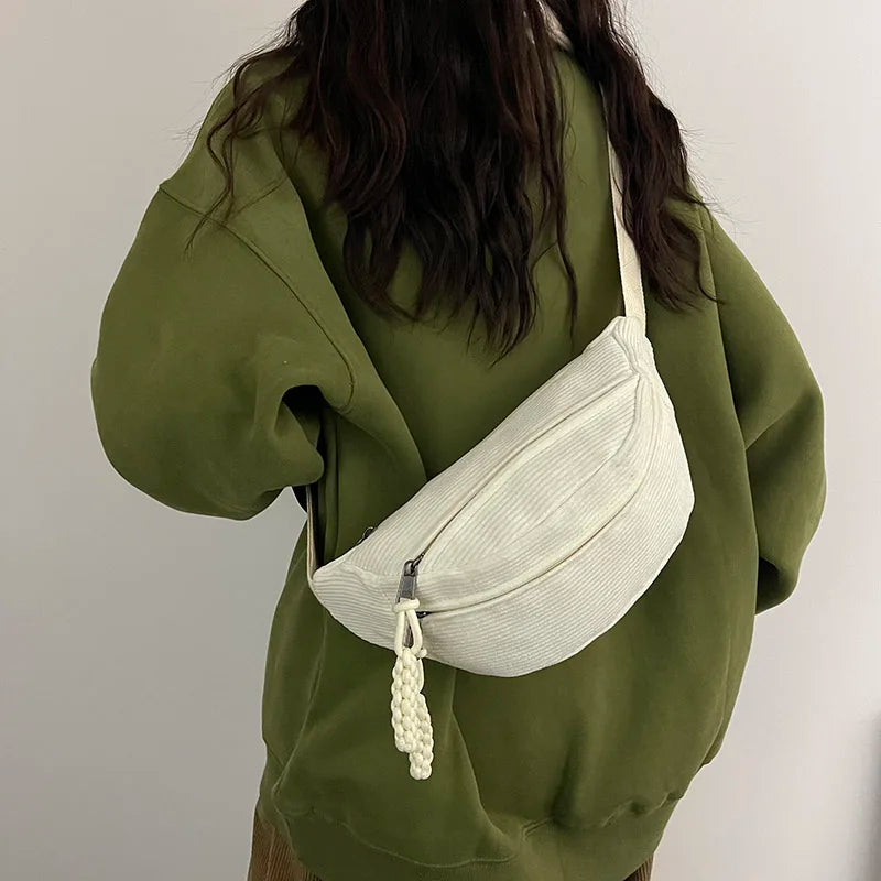 Sac banane femme en velours côtelé, trois poches zippées