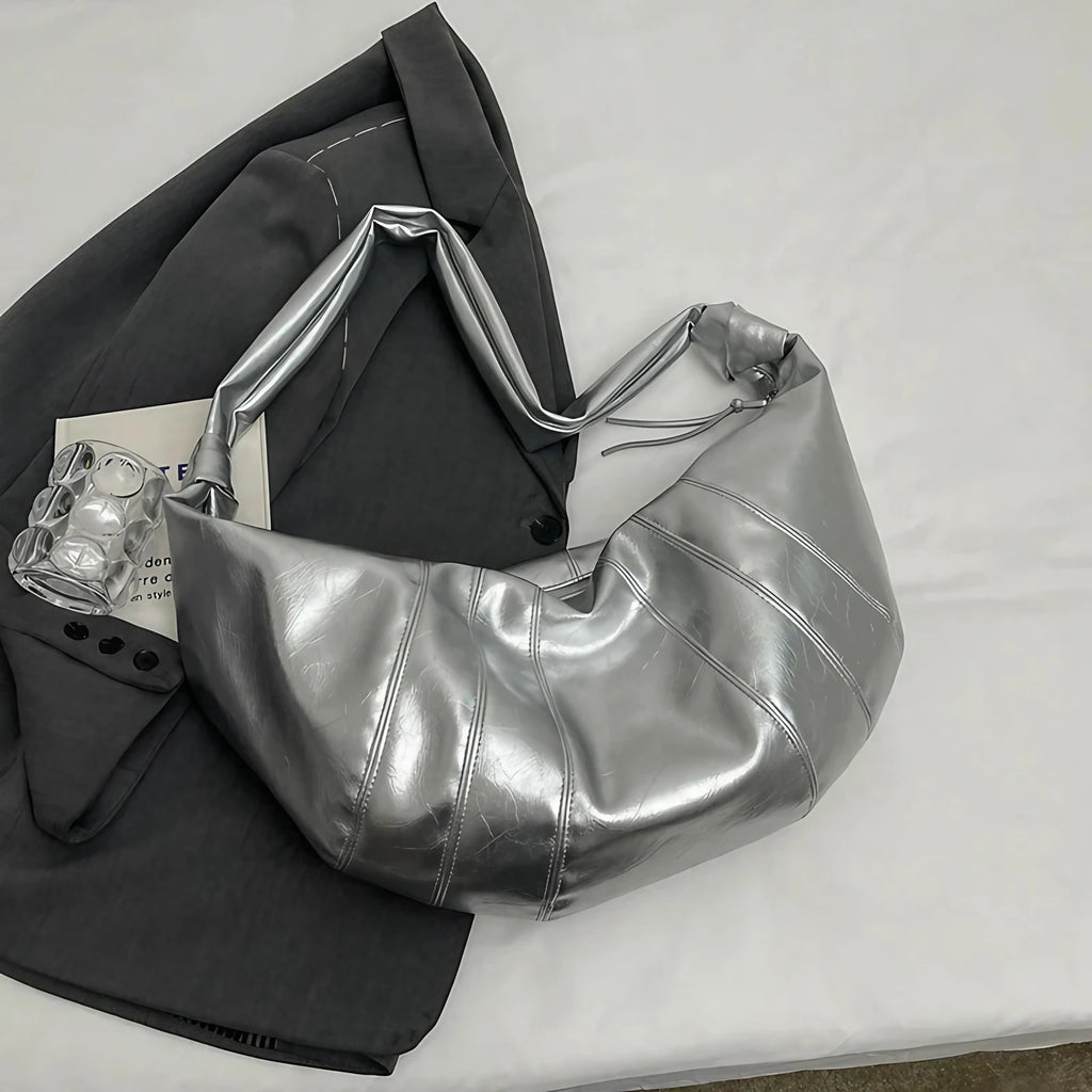 Grand sac banane femme en similicuir, forme croissant, argenté