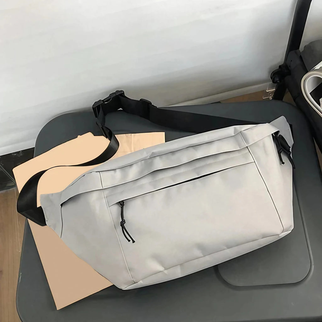 Sac banane femme en toile, grand format, trois poches zippées, gris