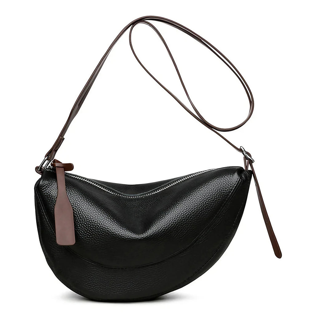 Sac banane femme en similicuir grainé, forme demi-lune, noir