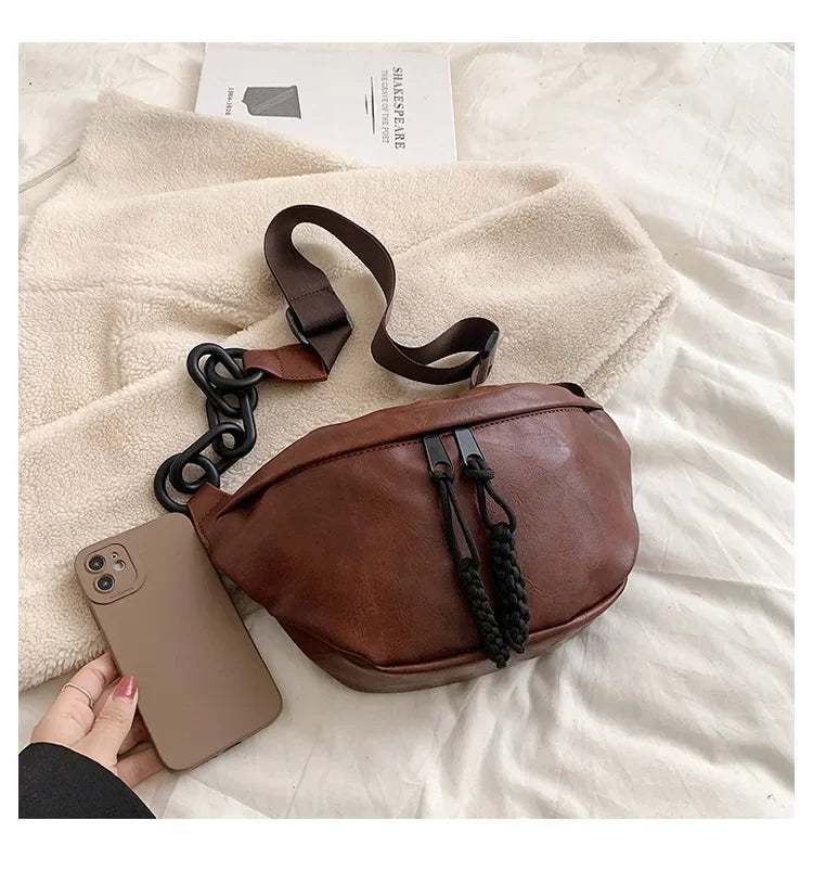 Sac banane femme en similicuir, bandoulière à gros maillons, marron