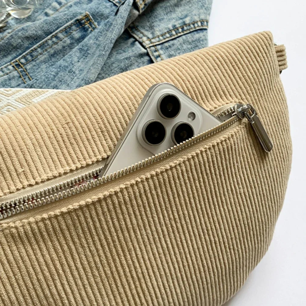 Sac banane femme en velours côtelé, sangle large réglable