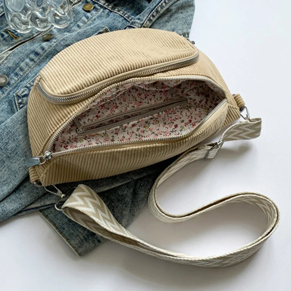 Sac banane femme en velours côtelé, sangle large réglable