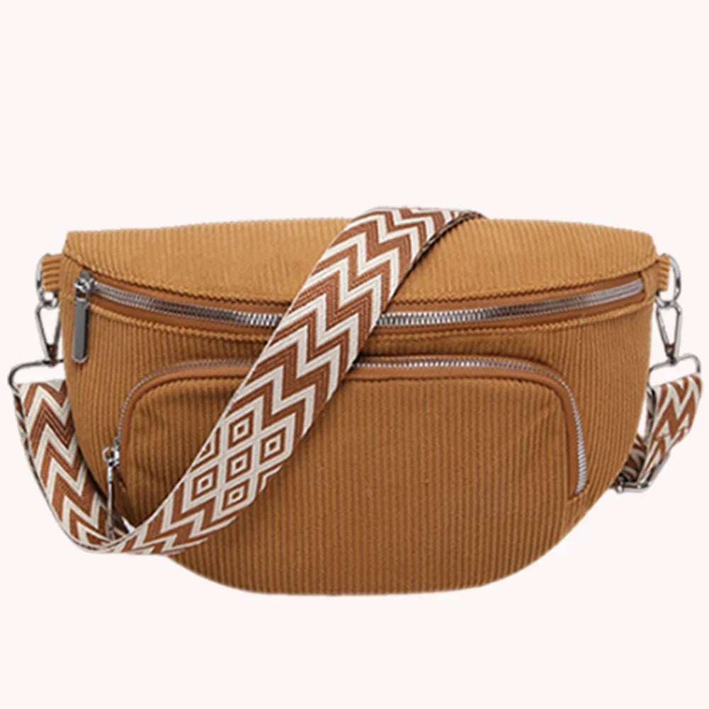 Sac banane femme en velours côtelé, sangle large réglable, marron