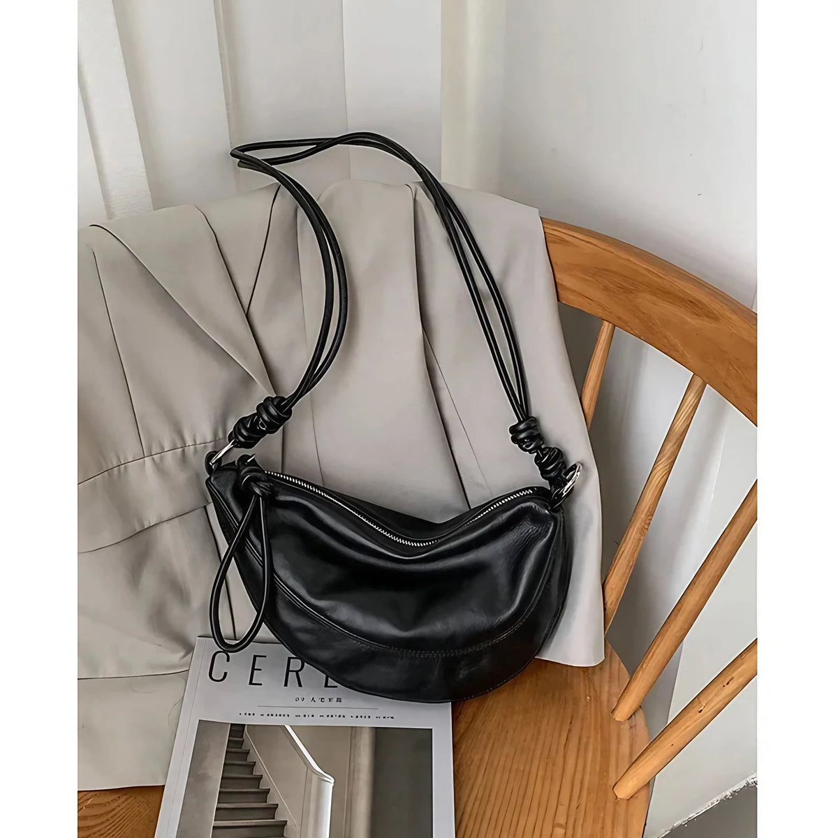 Sac banane femme en cuir, sangle à nœud coulissant, 25 x 15 cm, noir