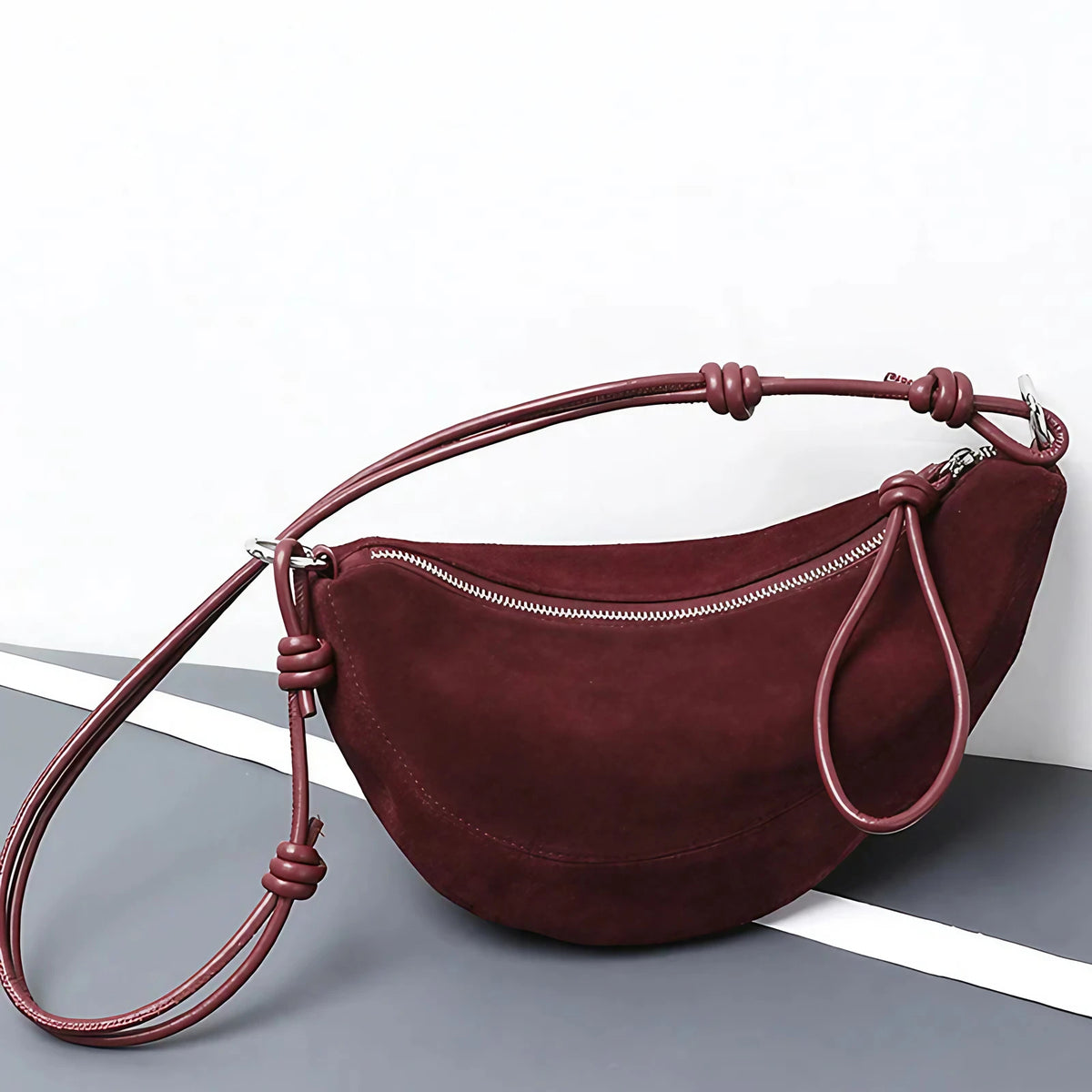 Sac banane femme en cuir, sangle à nœud coulissant, 25 x 15 cm, daim rouge foncé