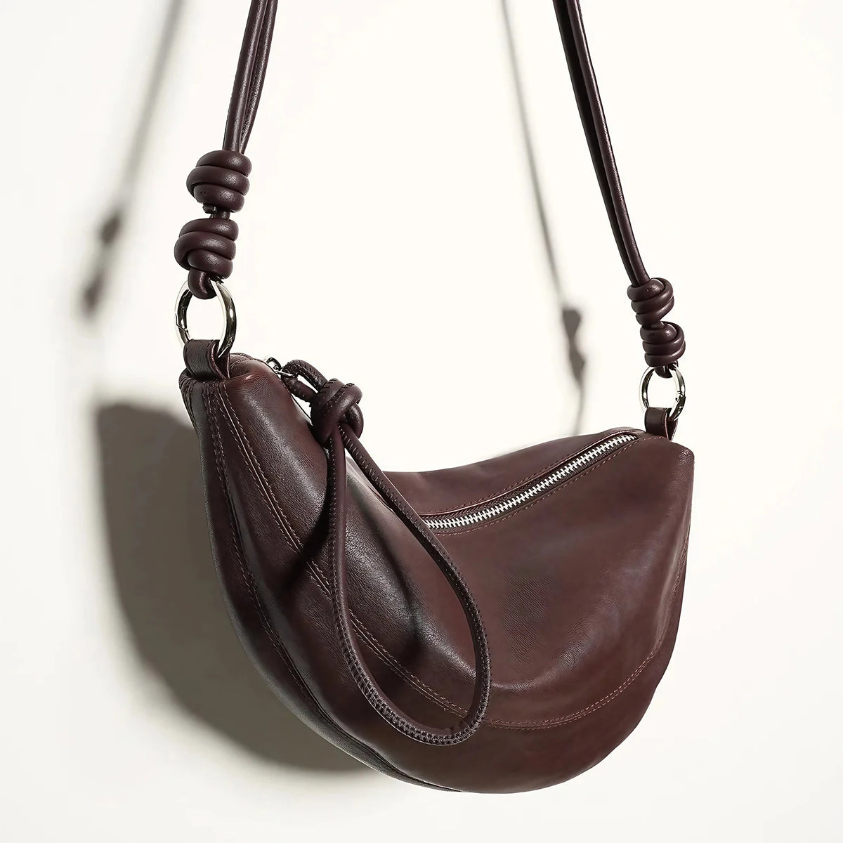 Sac banane femme en cuir, sangle à nœud coulissant, 25 x 15 cm, chocolat